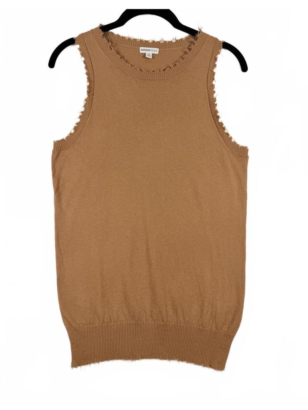 Minnie Rose Cotton Cashmere Frayed Tank Brown Sugar Size Medium NWOT